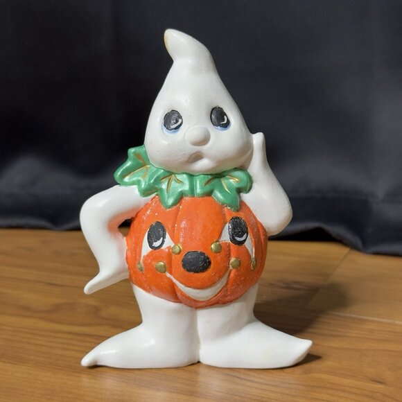 Vintage Ceramic Painted Ghost Pumpkin Jack O Lantern Kitsch Figurine Halloween - Picture 4 of 12